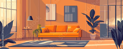 Cozy modern living room with orange sofa, large window, and indoor plants - vector.