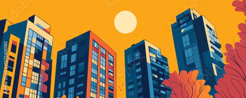 Modern urban skyline with high-rise buildings under a yellow sky - vector.
