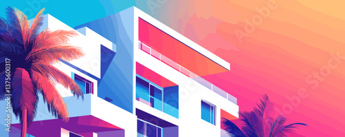 Modern tropical house with palm trees and vibrant sunset sky - vector.