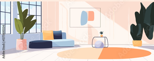 Modern living room with large windows and plants, minimalist style – vector.