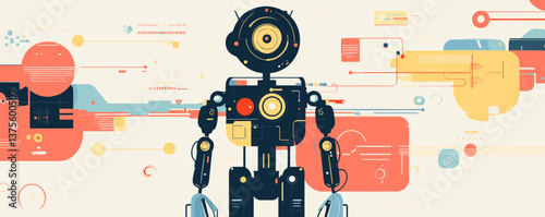 Futuristic robot with abstract geometric background and circuit patterns - vector.
