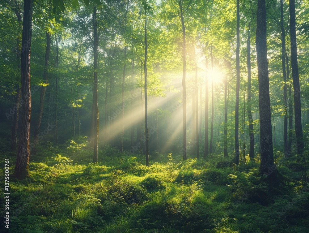 Fototapeta premium Sunlight filters through trees in a tranquil forest during early morning hours, creating a serene atmosphere in nature