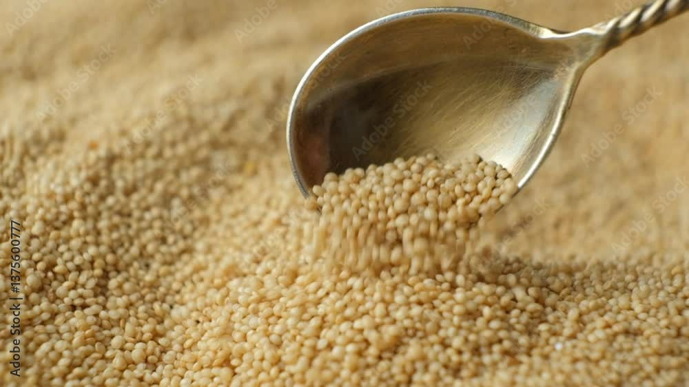 Organic amaranth grains spilling out of spoon slow motion.