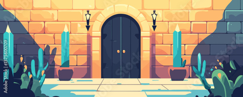 Arched stone doorway with cacti and lanterns in sunlit courtyard - vector.