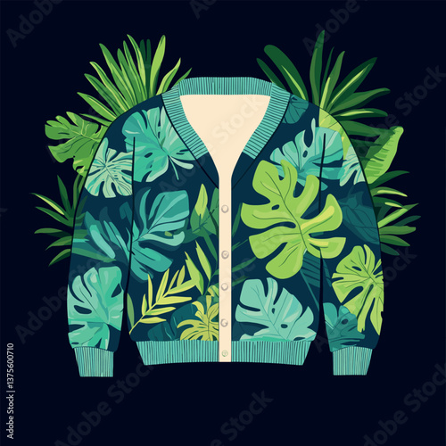 Tropical leaf pattern cardigan with monstera and ferns on dark background