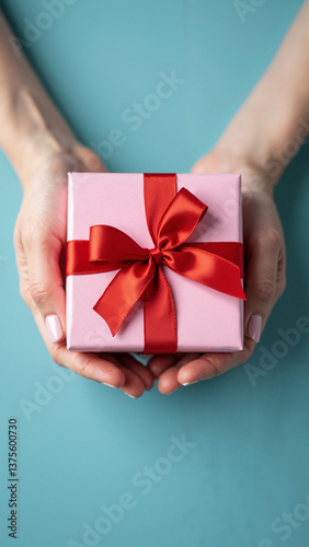 Obraz na płótnie Delicate Female Hands Cradling a Pink Gift Box with Red Bow Isolated on Transparent Background for Mother's Day Promotions w salonie