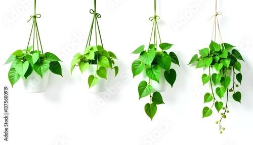 A digital photograph features four distinct arrangements of pothos plants against a stark white background