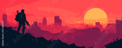 Soldier silhouette in post-apocalyptic sunset cityscape scene, vector.