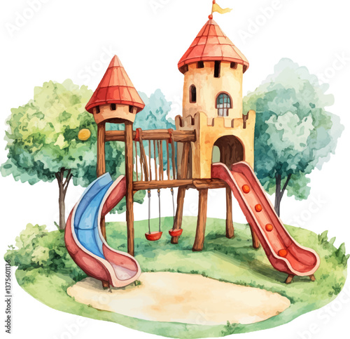 Watercolor playground with castle, slide and swings isolated on white background