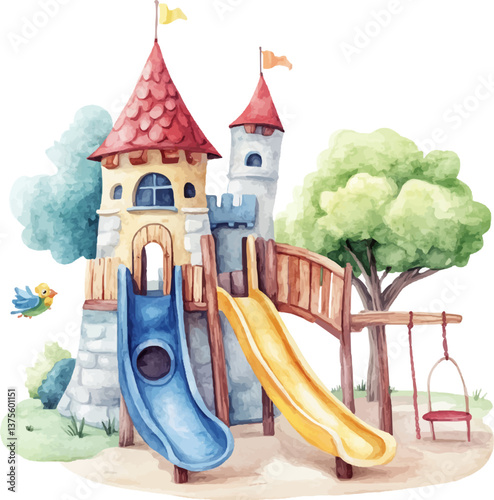 Watercolor playground with castle, slide and swings isolated on white background