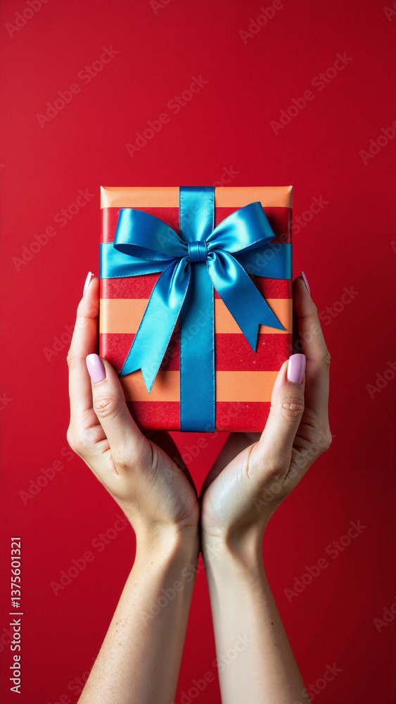 Delicate Female Hands Cradling a Striped Gift Box Isolated on Transparent Background for Holiday Marketing and Celebrations