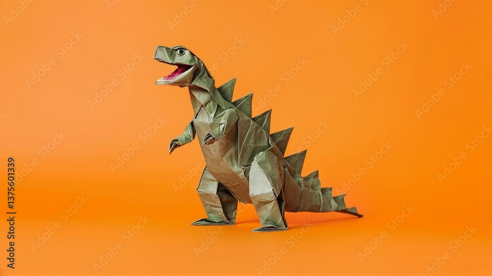 An origami craft paper tyrannosaurus rex dinosaur standing in full height isolated on orange background roaring fearlessly demonstratiing a power and attitude