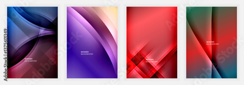 Collection of gradient posters with curved and diagonal shapes in dark purple, red, and green shades, blending soft light, color transitions, and abstract motion