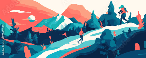 Vibrant colorful landscape with hikers in mountainous scenery at sunset – vector.