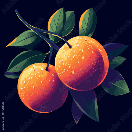 Vibrant oranges with dew on leaves against dark background