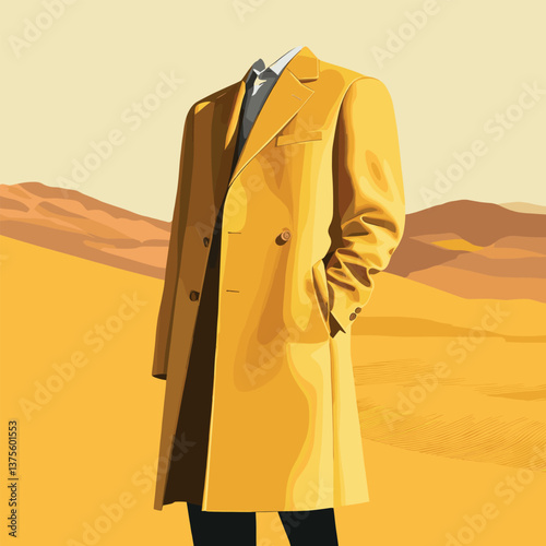 Surreal headless figure in yellow coat against desert landscape
