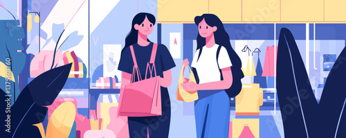 Two young women shopping at a fashion boutique with bags and smiling faces – vector.