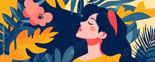 Woman with long hair and tropical flowers in colorful jungle scenery – vector.