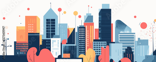 Colorful modern city skyline with geometric buildings and trees - vector.