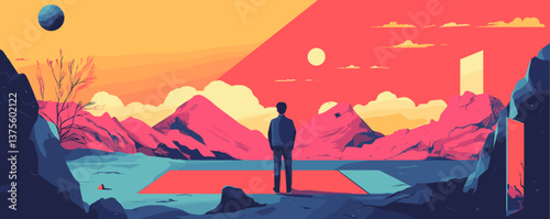 Surreal landscape with person amidst mountains and abstract elements, futuristic art – vector.