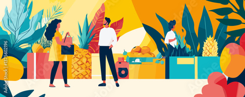 Vibrant market scene with shoppers and tropical fruits in bold colors - vector.