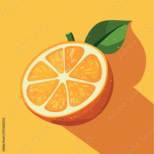 Sliced orange with leaf on vibrant yellow background