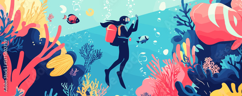 Colorful underwater scene with scuba diver exploring vibrant coral reef ecosystem - vector.