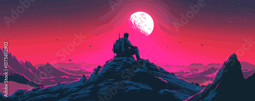 Explorer sitting on mountain peak under vibrant pink moonlit sky at night – vector.