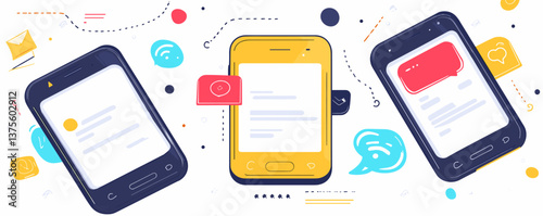 Colorful smartphone chat interface with messaging app graphics and notifications - vector.