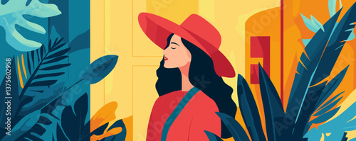 Woman in red hat surrounded by tropical foliage, bright colors vector.