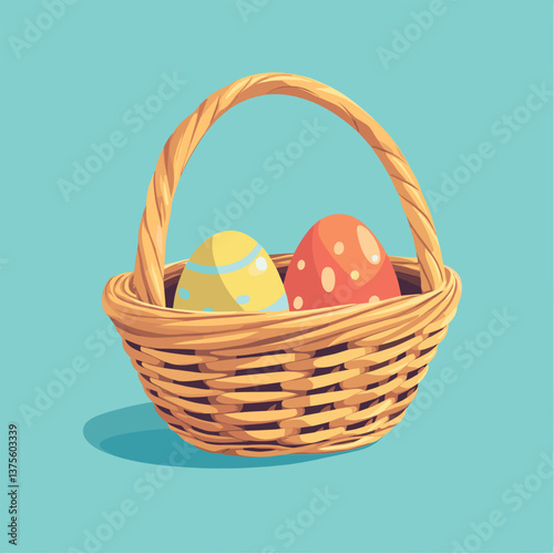 Colorful easter eggs in woven basket on pastel blue background
