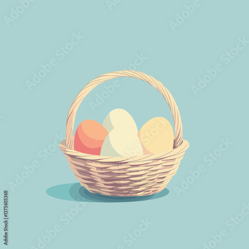 Wicker basket with colorful eggs on soft blue background