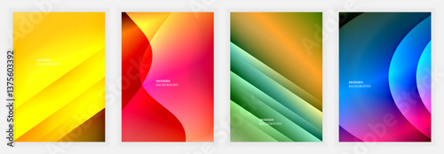 Series of four abstract posters featuring bright gradients in yellow, red, green, and blue tones with flowing shapes, soft lighting, diagonal motion, and curved layering