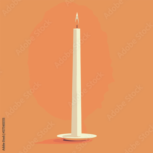 Tall ivory candle with soft flame on orange background