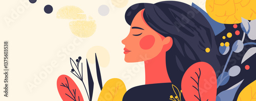 Peaceful woman with flowing hair and abstract floral elements - vector.