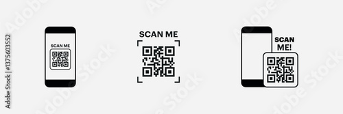 mobile phone, barcode, qr code, scan me, scan now, scan here, black and white, minimalist, monochrome, vector illustration
