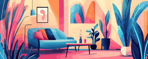 Modern living room with stylish furniture and indoor plants in vibrant colors, vector.