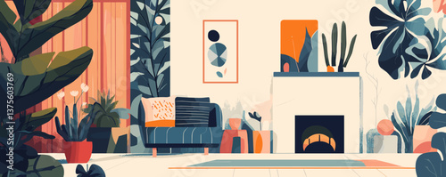 Modern living room with plants and cozy sofa, contemporary interior design vector.