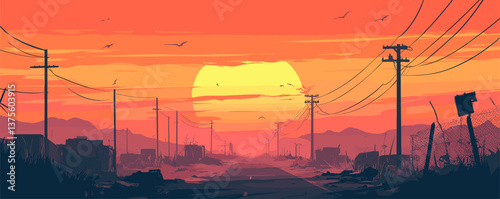 Deserted road at sunset with power lines and birds silhouette - vector.