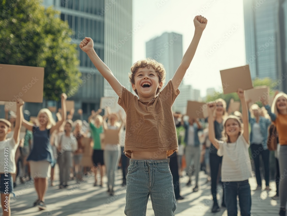 Fototapeta premium Child participates joyfully in a peaceful demonstration in a bustling urban area during daylight hours