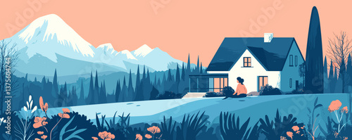 Idyllic countryside house with mountain and garden scenery at dusk vector.