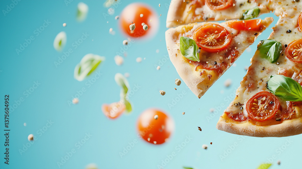 a delectable pizza with tomatoes and basil seemingly floats mid-air on a sky-blue background. it captures a fresh and vibrant food presentation. a delectable pizza with tomatoes and basil seemingly floats mid-air on a sky-blue background. it captures a fresh and vibrant food presentation.
