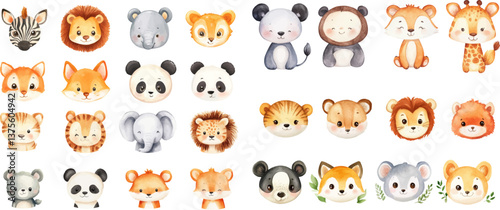 Cute animal face watercolor clip art white background
