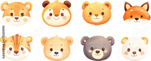 Cute animal face watercolor clip art white background
