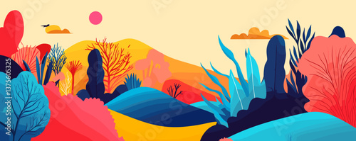 Vibrant abstract landscape with colorful hills and trees at sunset, digital art vector.