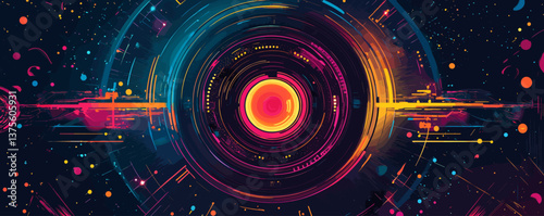 Futuristic abstract digital tunnel with vibrant colors in cosmic space design - vector.