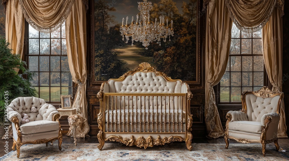Luxurious Nursery, Gold Crib, Elegant Room