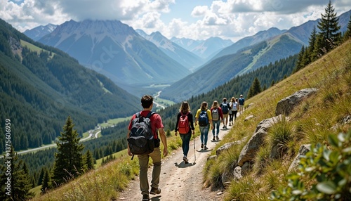 Group of hikers trekking along a scenic mountain trail on a sunny day