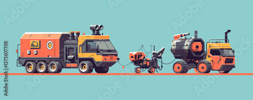Futuristic construction vehicles in vibrant colors on teal background - vector.
