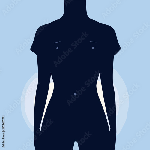 Silhouette of female in overalls against soft blue background